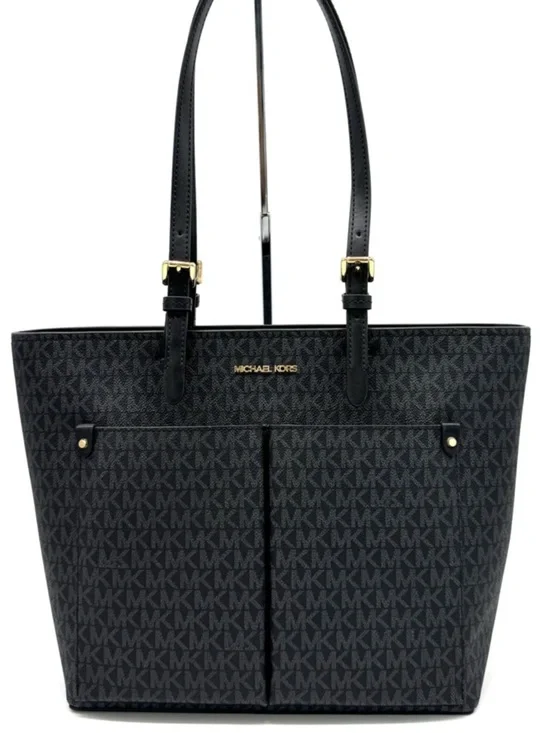 Michael Kors Jet Set Medium Double Pocket Tote Bag Black Signature - Picture 2 of 9